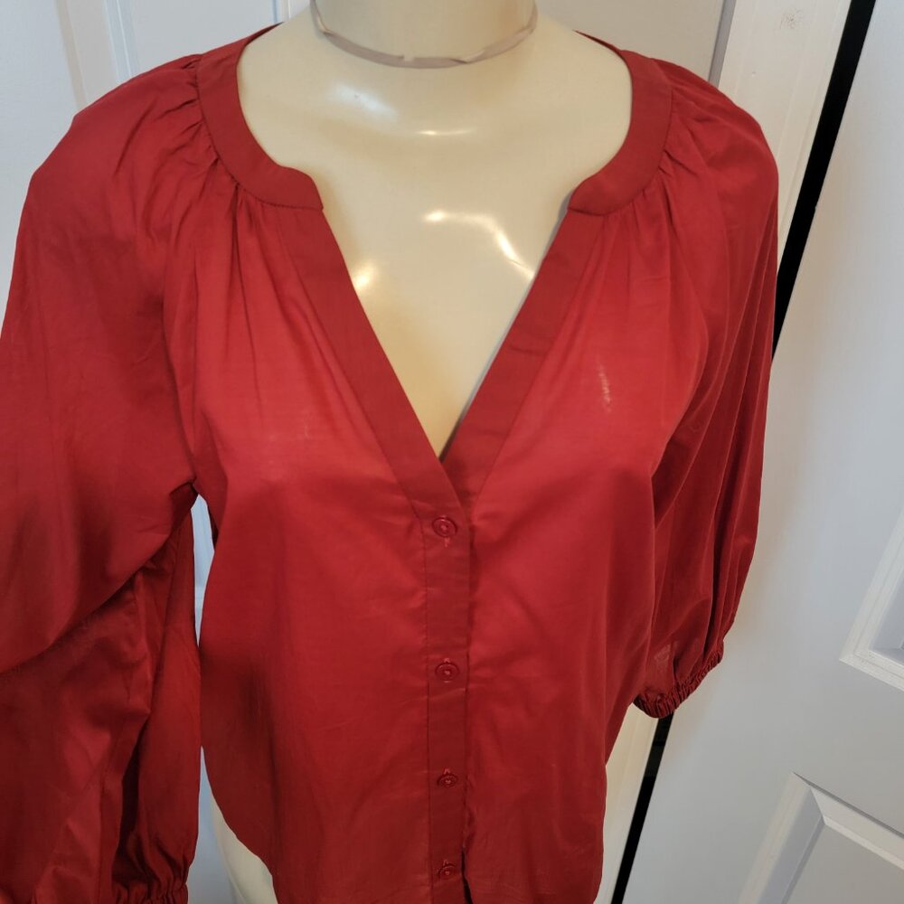 Alfani Terra Nova Cardinal Rouge Red V Neck Button Down Peasant Blouse - Picture 5 of 16